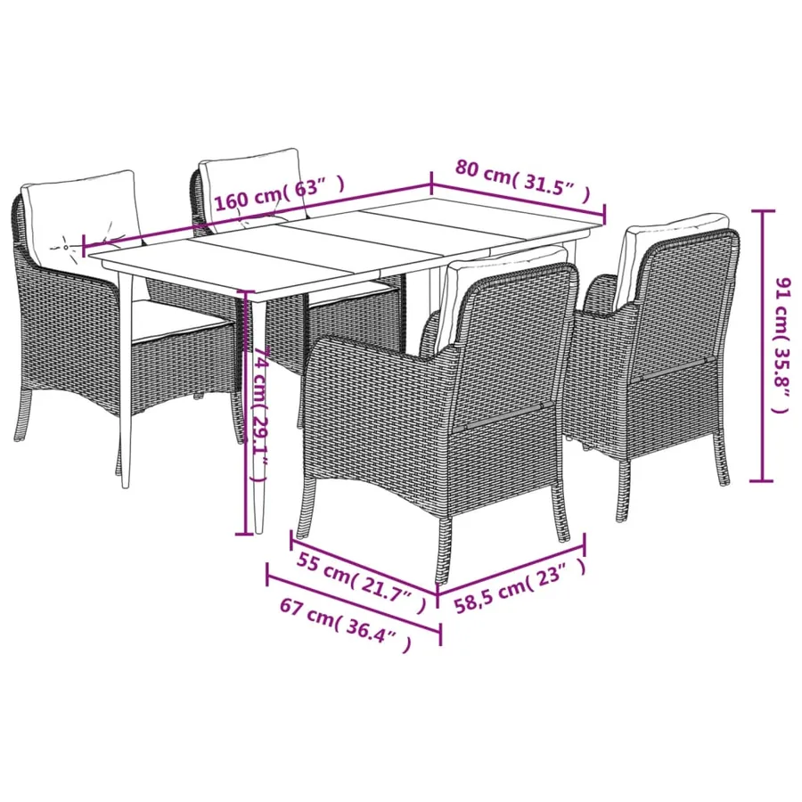 Ensemble à manger de jardin coussins 5pcs Noir Résine tressée - 7