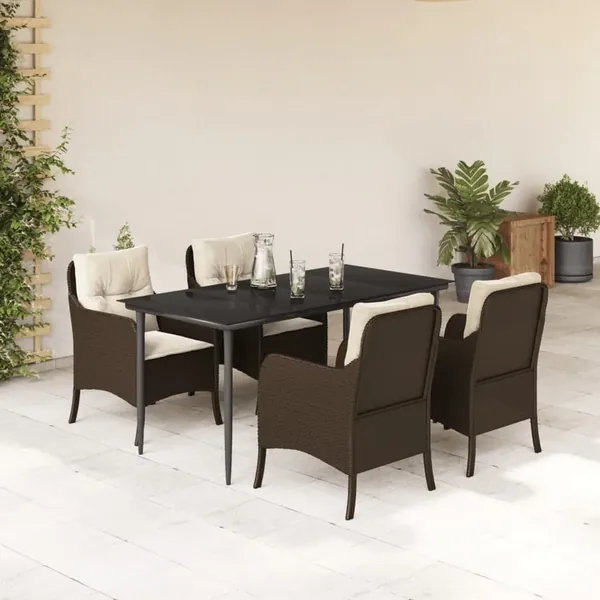 Ensemble à manger de jardin 5 pcs et coussins marron poly rotin