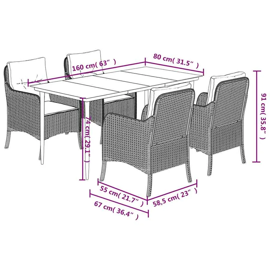 Ensemble à manger de jardin coussins 5pcs Noir Résine tressée - 7