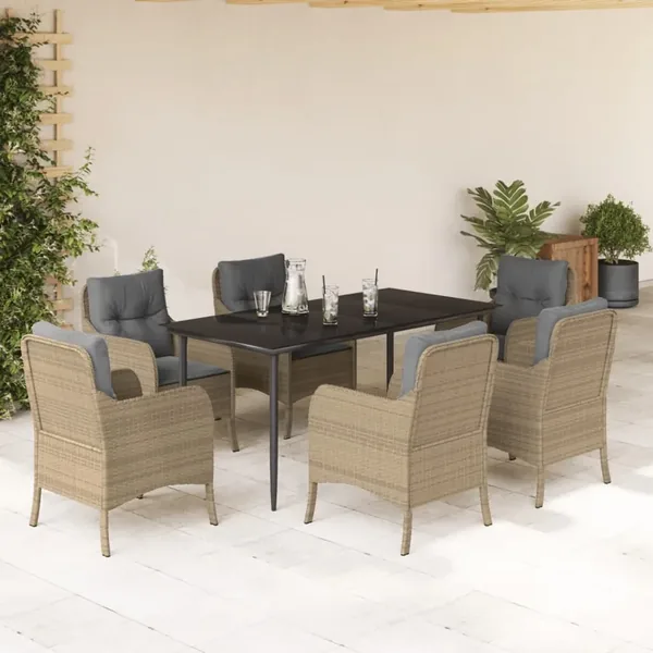 Ensemble à manger de jardin et coussins 7 pcs beige poly rotin