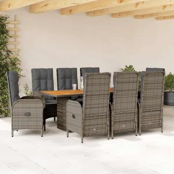 Ensemble à manger de jardin 9 pcs coussins gris résine tressée