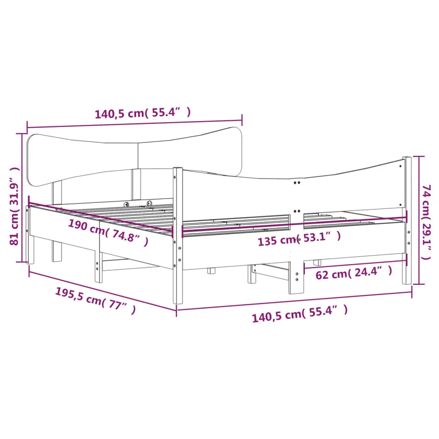 Cadre de lit sans matelas cire marron 135x190cm bois pin massif - 9