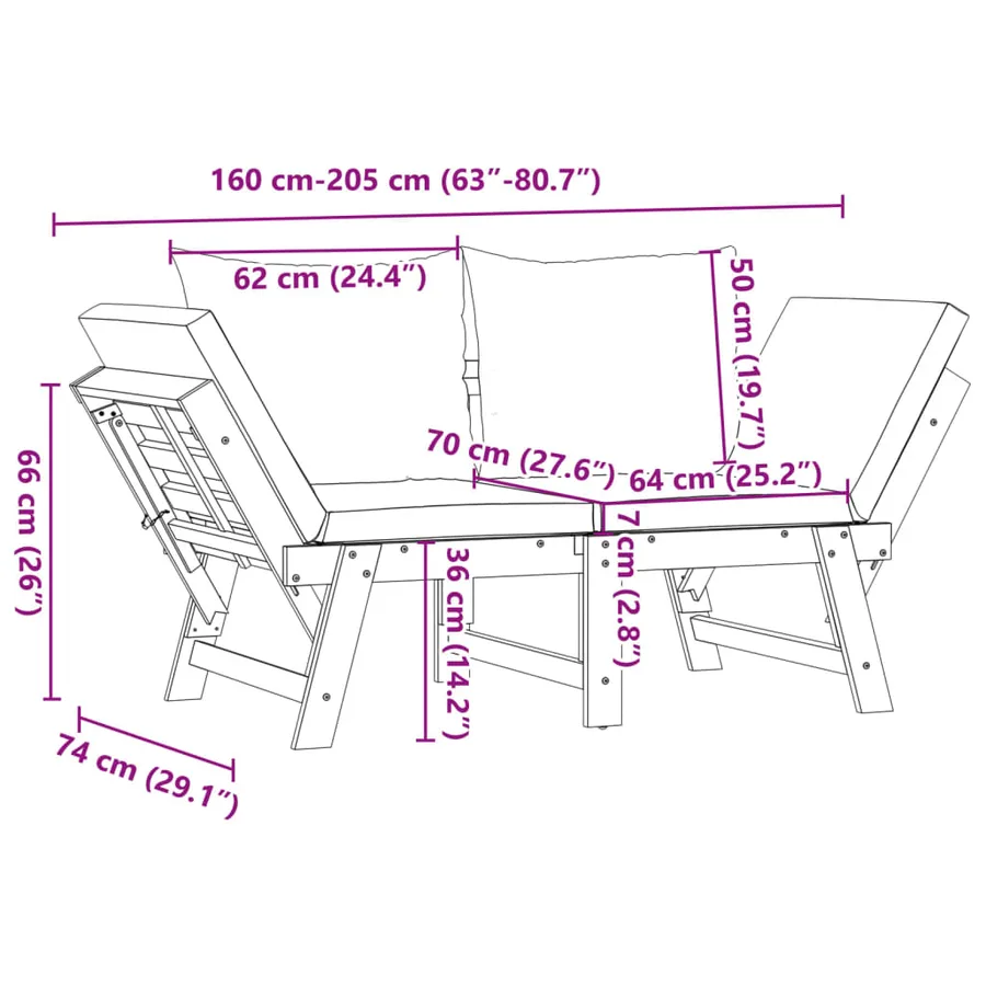 Banc de jardin avec coussins 2 en 1 bois d'acacia massif - 10