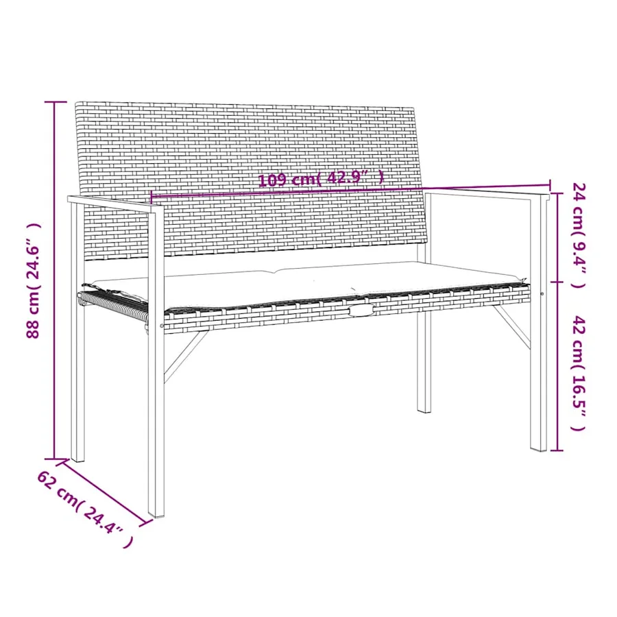 Banc de jardin à 2 places avec coussin noir résine tressée - 9