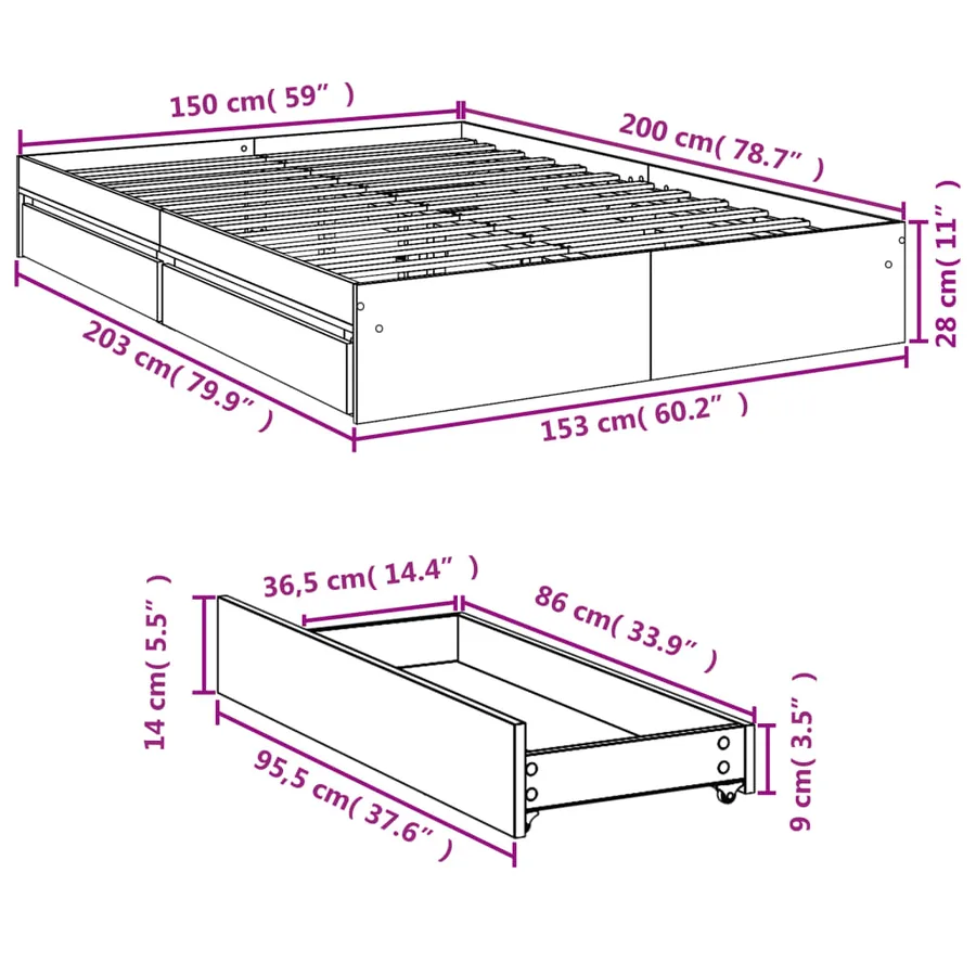 Cadre de lit avec tiroirs sans matelas blanc 150x200 cm - 10