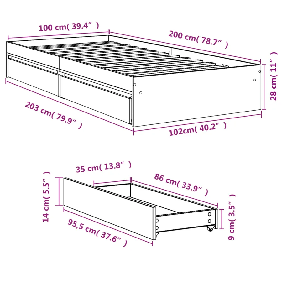 Cadre de lit avec tiroirs sans matelas chêne sonoma 100x200 cm - 10