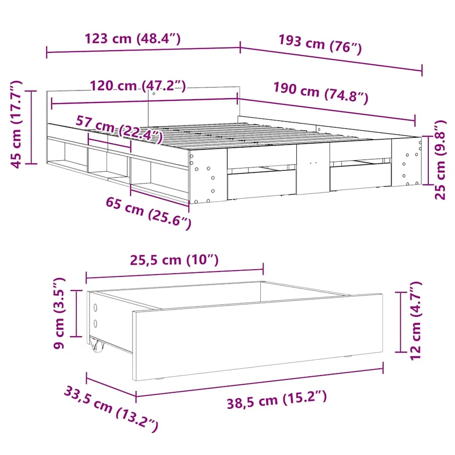 Cadre de lit avec tiroirs sans matelas sonoma gris 120x190 cm - 10