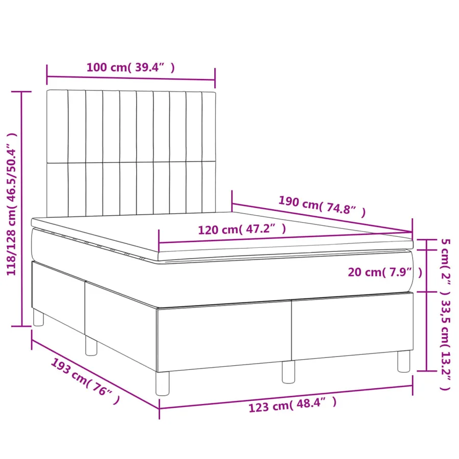 Sommier à lattes de lit matelas et LED crème 120x190 cm tissu - 11