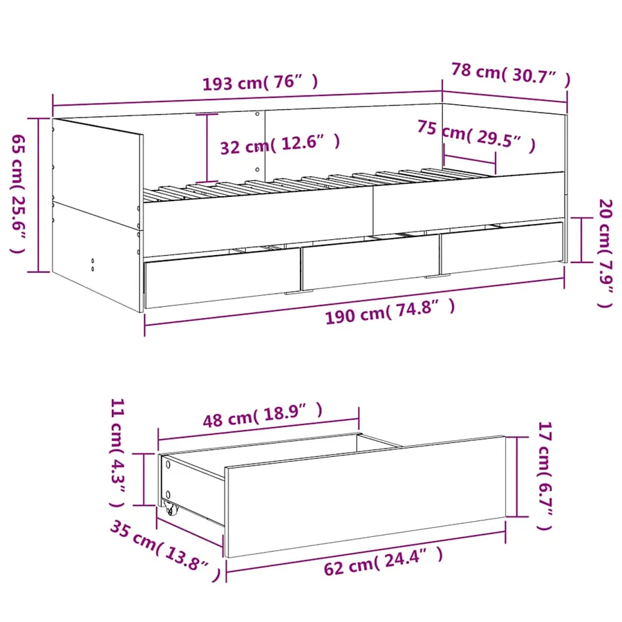Lit de jour avec tiroirs sans matelas blanc 75x190 cm - 10