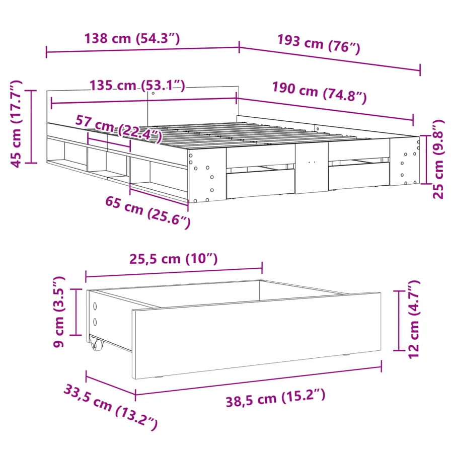 Cadre de lit avec tiroirs sans matelas blanc 135x190 cm - 10