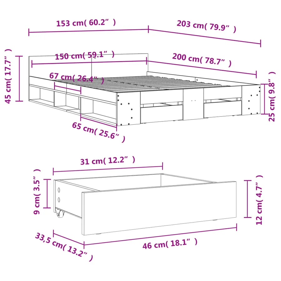 Cadre de lit avec tiroirs sans matelas blanc 150x200 cm - 10