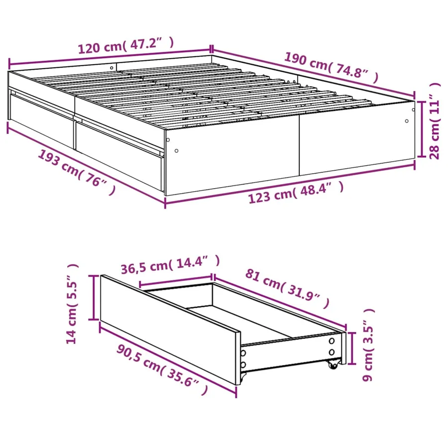 Cadre de lit avec tiroirs sans matelas blanc 120x190 cm - 10