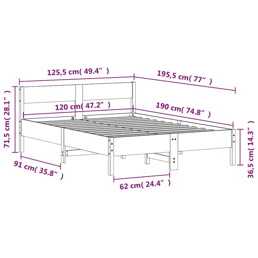 Cadre de lit sans matelas cire marron 120x190cm bois pin massif - 9