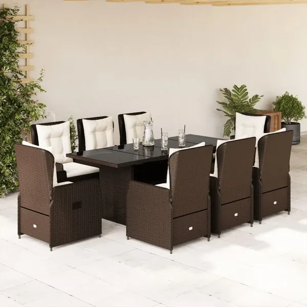 Ensemble à manger de jardin et coussins 9 pcs marron poly rotin