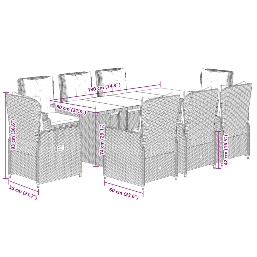 Ensemble à manger de jardin et coussins 9 pcs marron poly rotin - 8