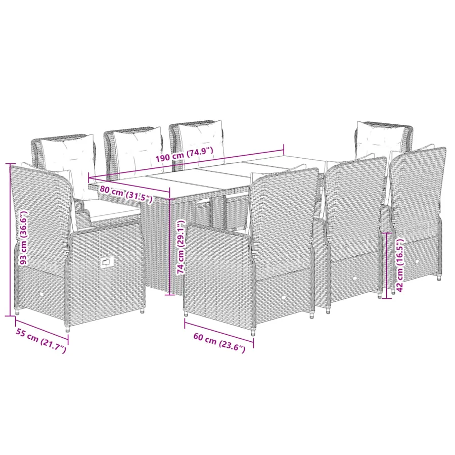 Ensemble à manger de jardin 9pcs coussins noir résine tressée - 8