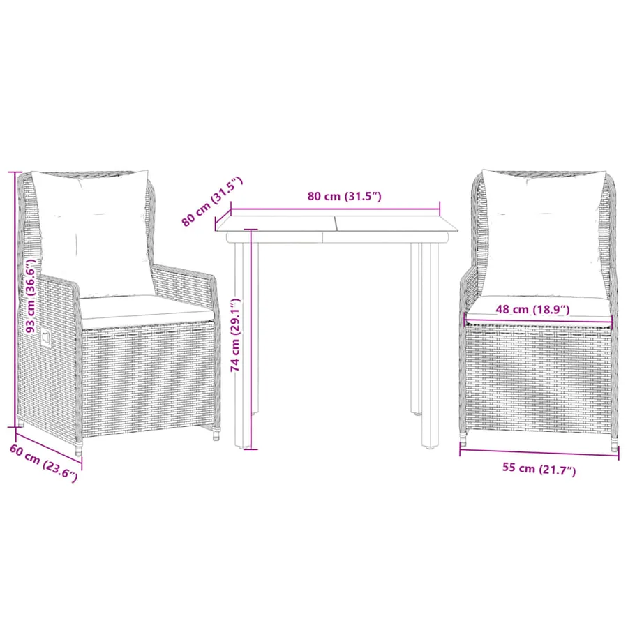 Ensemble à manger de jardin 3pcs coussins gris clair poly rotin - 8