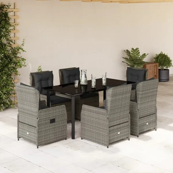 Ensemble à manger de jardin et coussins 7 pcs gris rotin