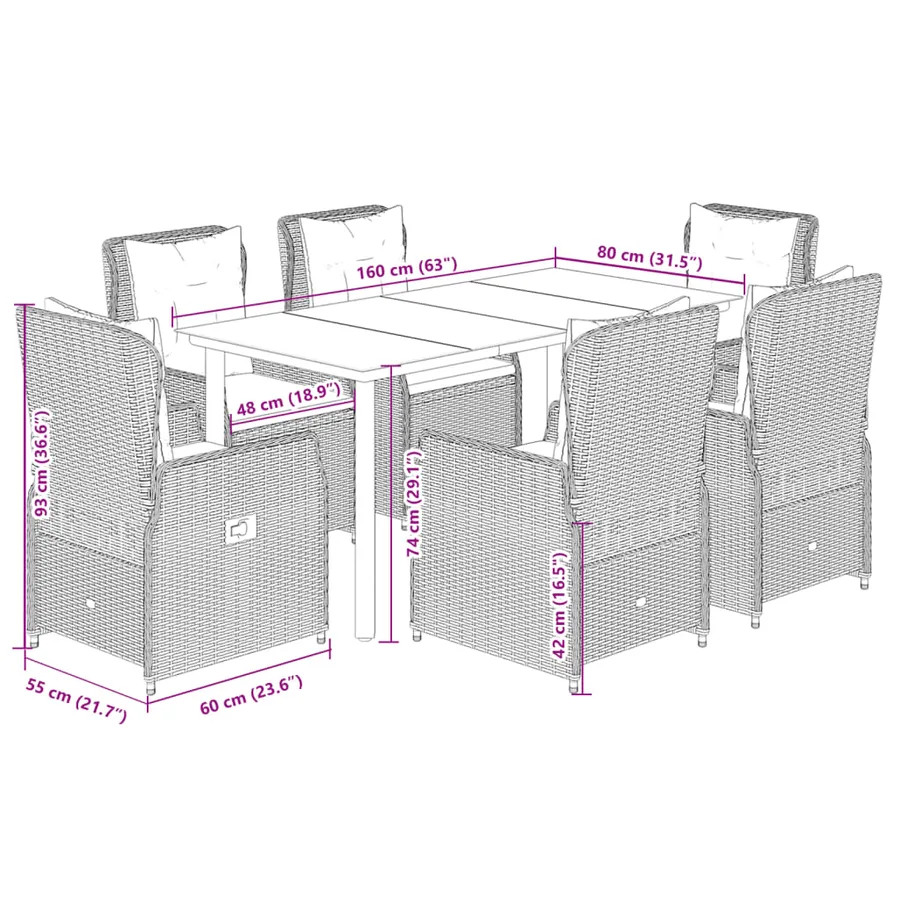 Ensemble à manger de jardin et coussins 7 pcs gris rotin - 8