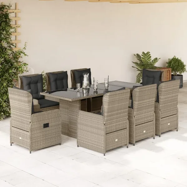 Ensemble à manger de jardin et coussins 9 pcs gris clair rotin
