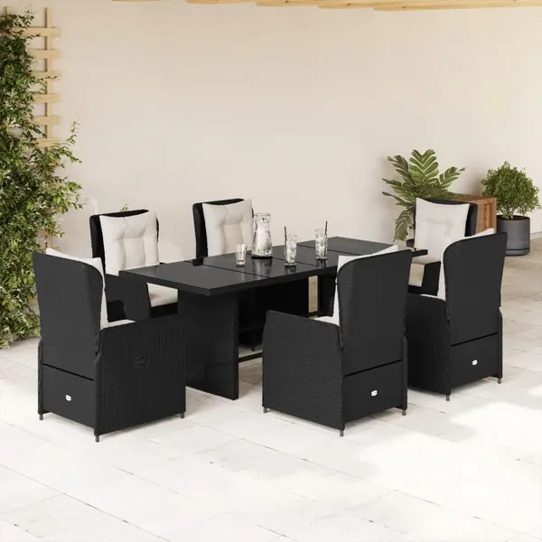 Ensemble à manger de jardin coussins 7pcs Noir Résine tressée