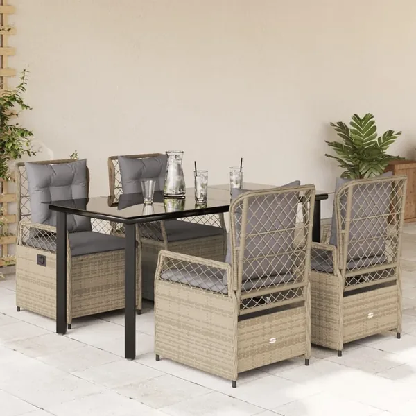 Ensemble à manger de jardin avec coussins 5pcs Beige poly rotin