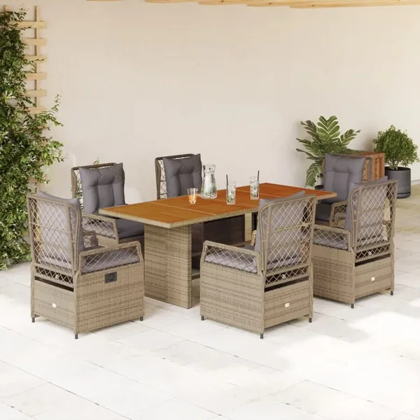 Ensemble à manger de jardin et coussins 7 pcs beige poly rotin