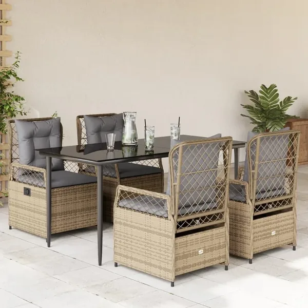 Ensemble à manger de jardin avec coussins 5pcs Beige poly rotin