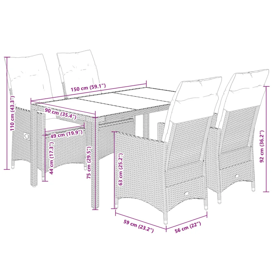 Ensemble à manger de jardin coussins 5pcs Noir Résine tressée - 7