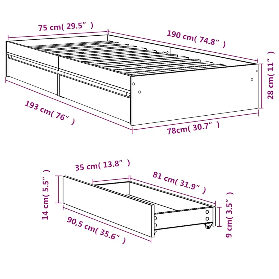 Cadre de lit avec tiroirs sans matelas chêne sonoma 75x190 cm - 10