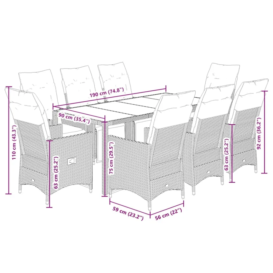 Ensemble à manger de jardin 9pcs coussins noir résine tressée - 7