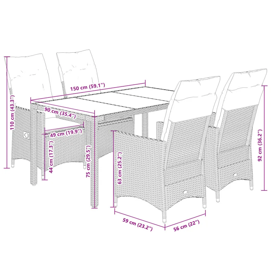 Ensemble à manger de jardin coussins 5pcs Noir Résine tressée - 7