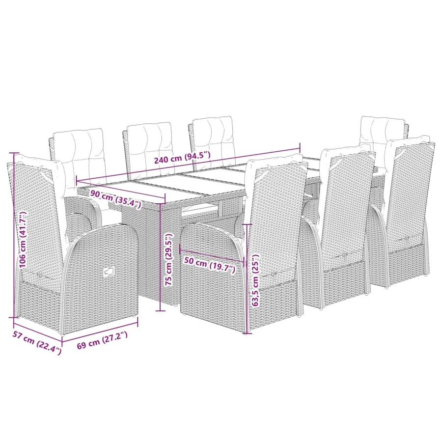 Ensemble à manger de jardin 9pcs coussins noir résine tressée - 7