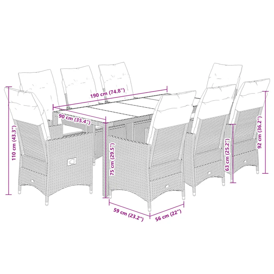 Ensemble à manger de jardin 9 pcs coussins gris résine tressée - 7