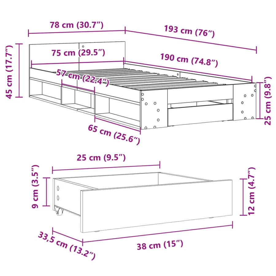 Cadre de lit avec tiroir sans matelas noir 75x190 cm - 10