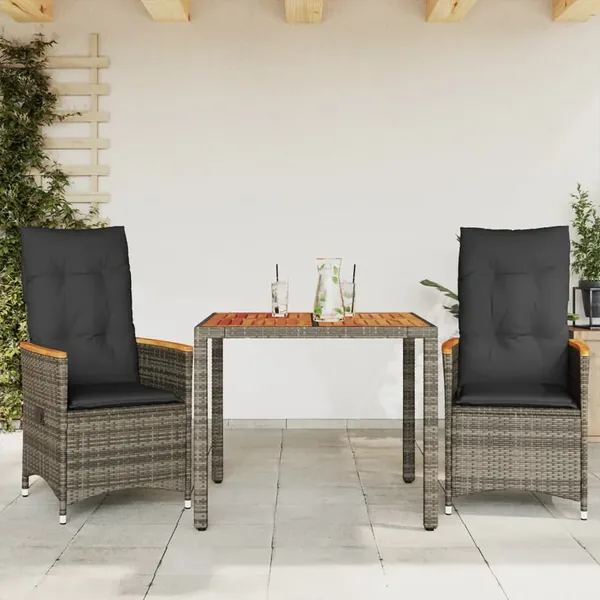 Ensemble de bistro 3 pcs avec coussins gris résine tressée