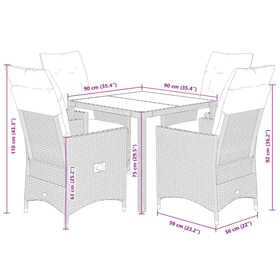 Ensemble à manger de jardin 5 pcs coussins gris résine tressée - 7