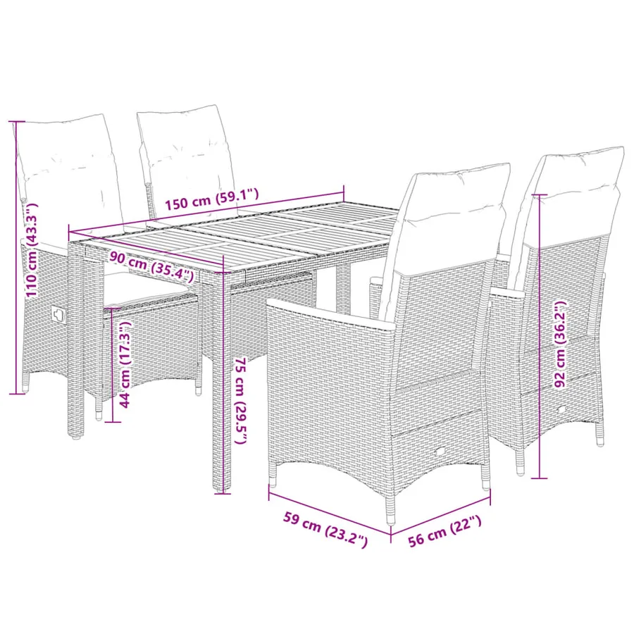 Ensemble à manger de jardin coussins 5pcs Noir Résine tressée - 7