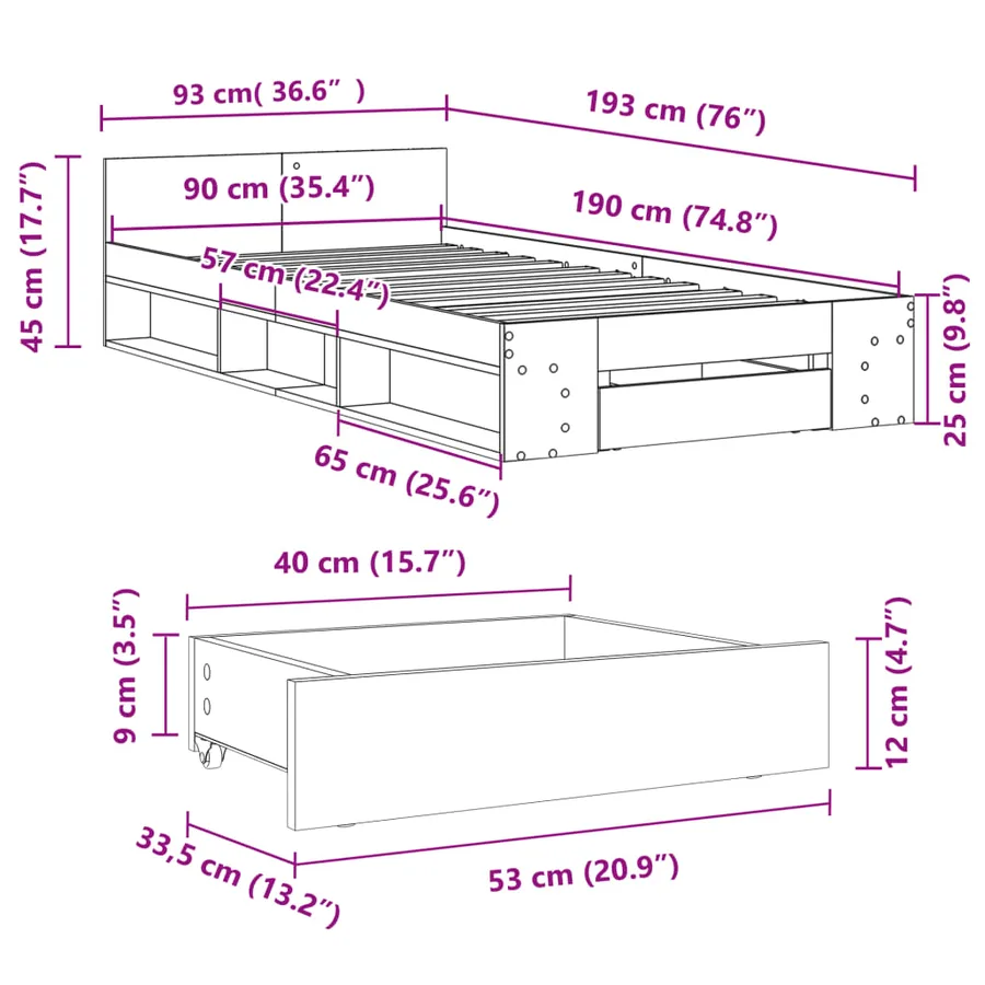 Cadre de lit avec tiroir sans matelas sonoma gris 90x190 cm - 10