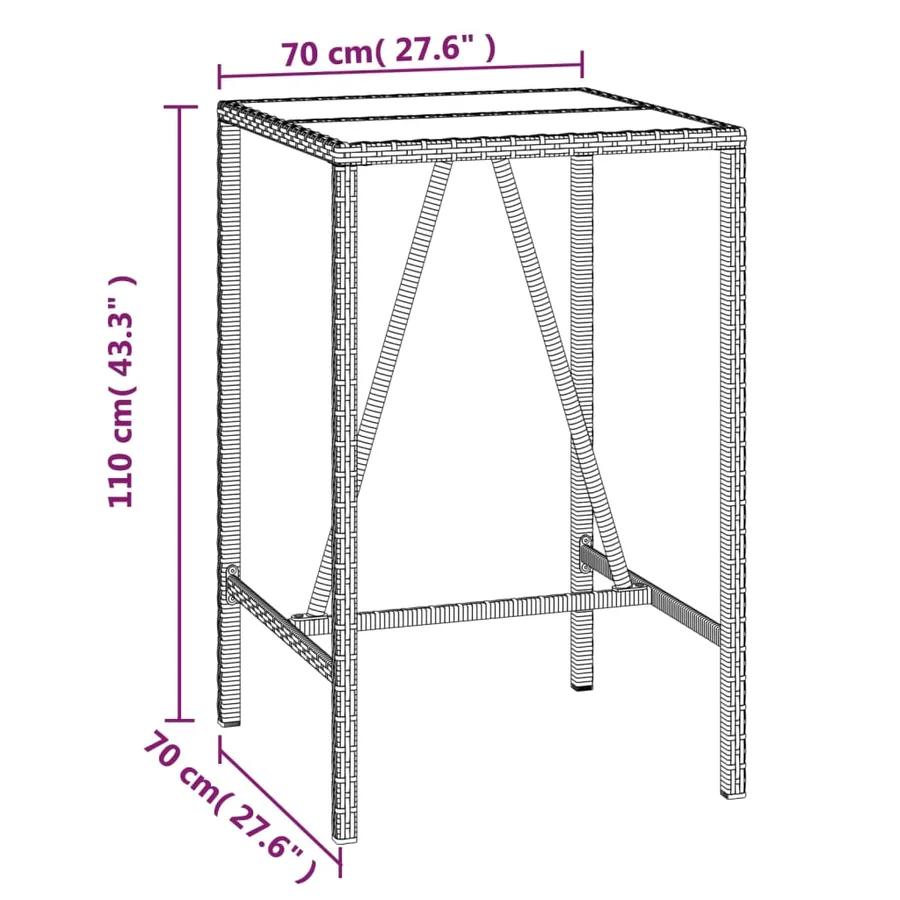 Table de bar et dessus en verre noir 70x70x110 cm poly rotin - 6