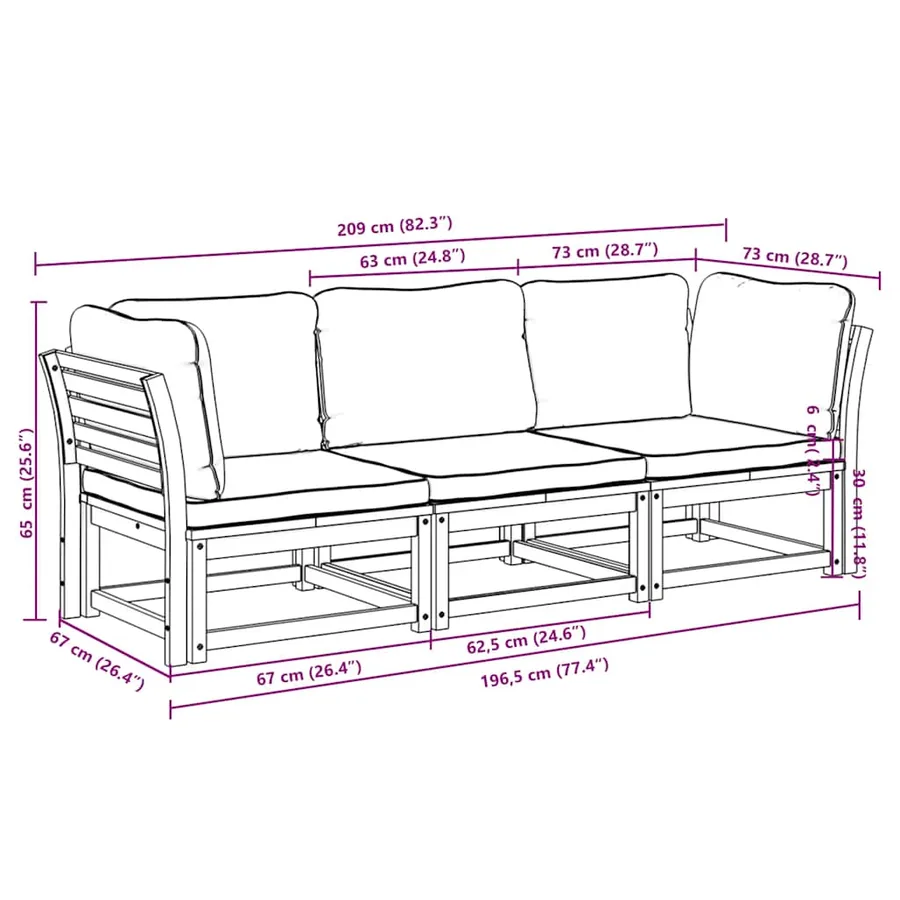 Salon de jardin 3 pcs avec coussins bois massif d'acacia - 8