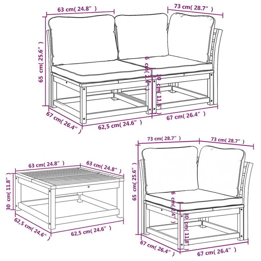 Salon de jardin 6 pcs avec coussins bois d'acacia solide - 9