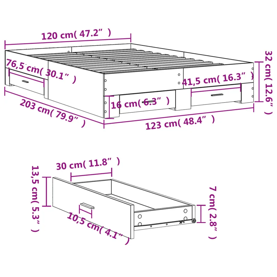 Cadre de lit avec tiroirs sans matelas chêne fumé 120x200 cm - 10