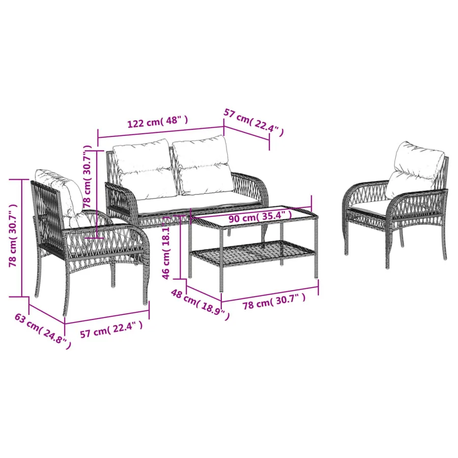 Salon de jardin 4 pcs avec coussins noir résine tressée - 14