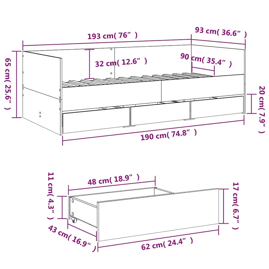 Lit de jour avec tiroirs sans matelas sonoma gris 90x190 cm - 10