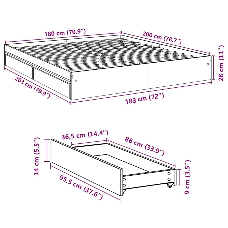 Cadre de lit avec tiroirs sans matelas chêne sonoma 180x200 cm - 10