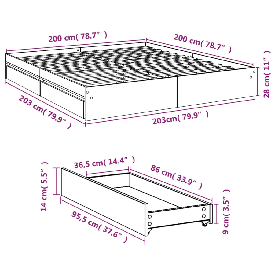 Cadre de lit avec tiroirs sans matelas chêne fumé 200x200 cm - 10