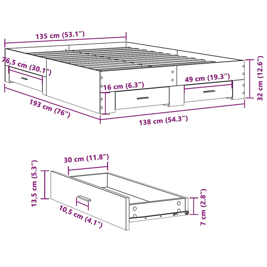 Cadre de lit avec tiroirs sans matelas chêne sonoma 135x190 cm - 10