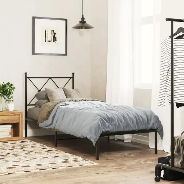 Cadre de lit métal sans matelas avec tête de lit noir 75x190 cm