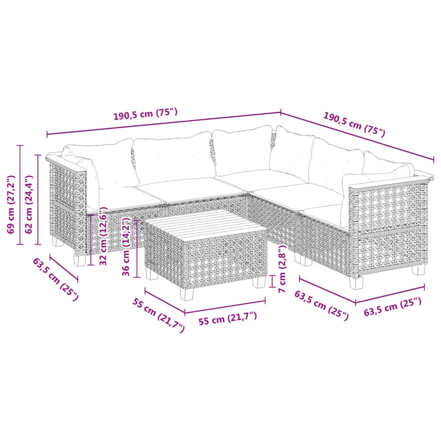 Salon de jardin 6 pcs avec coussins noir résine tressée - 8